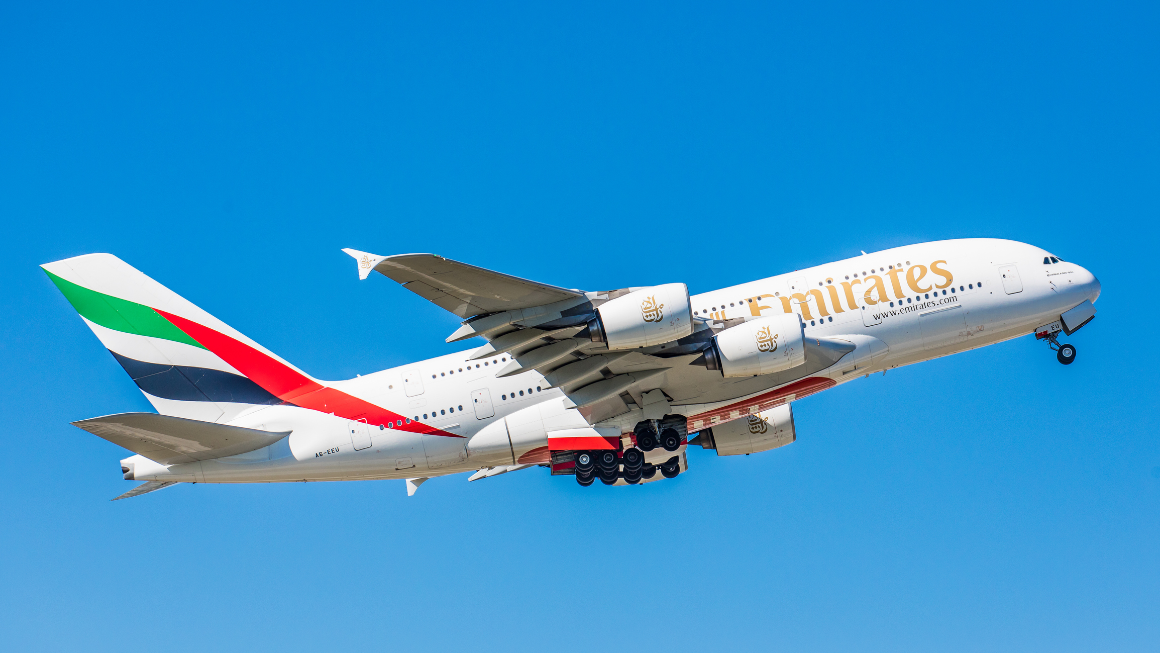 An Emirates Airbus A380 in the air.