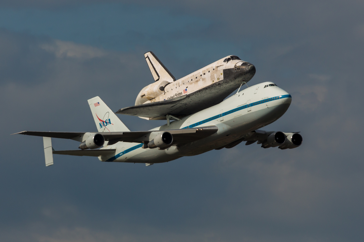 A converted Boeing 747 transporting a space shuttle