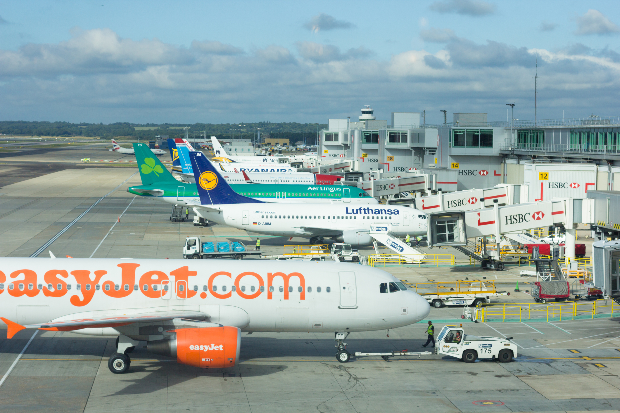 Several planes from different airlines are lined up behind each other at their respective gates.