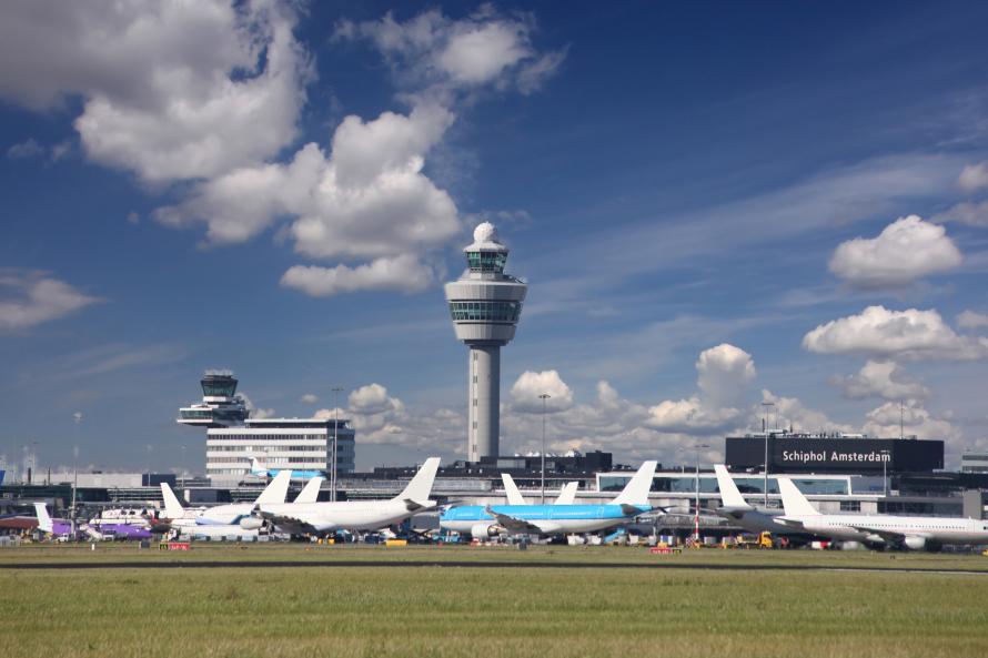The control tower and tarmac at Schiphol