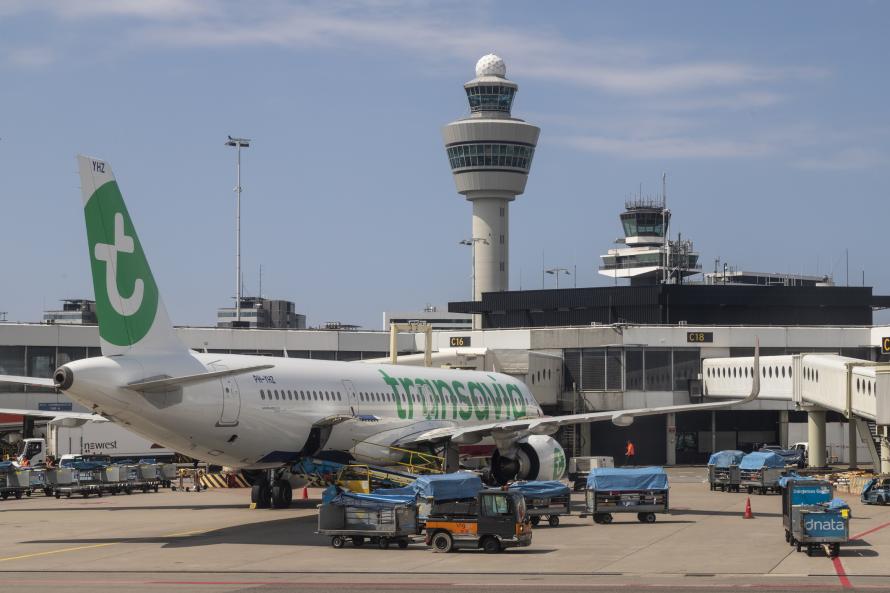 A Transavia aircraft at the gate.