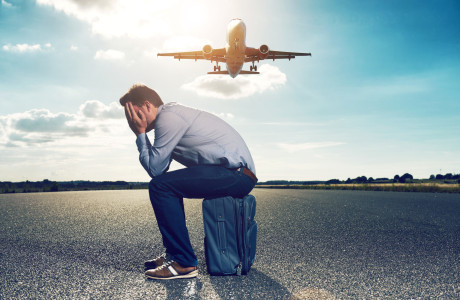 Man with fear of flying at the airport