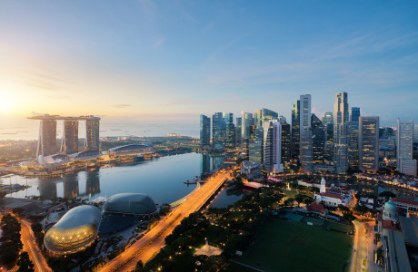 The Singapore skyline in the twilight.