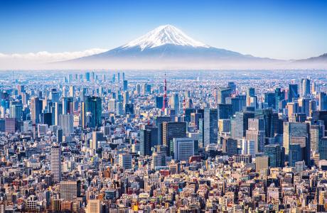 Tokyo skyline with Mount Fuji in the background.