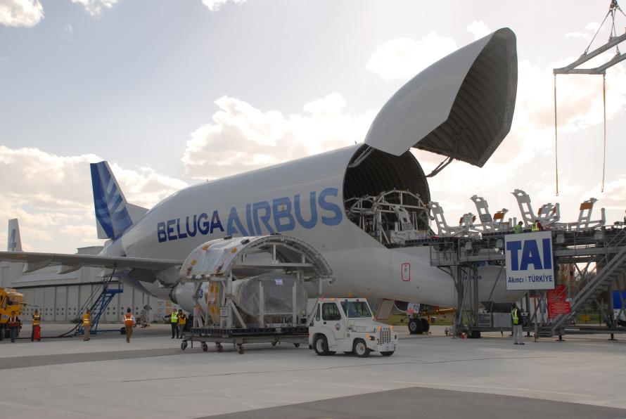An Airbus Beluga is being loaded.