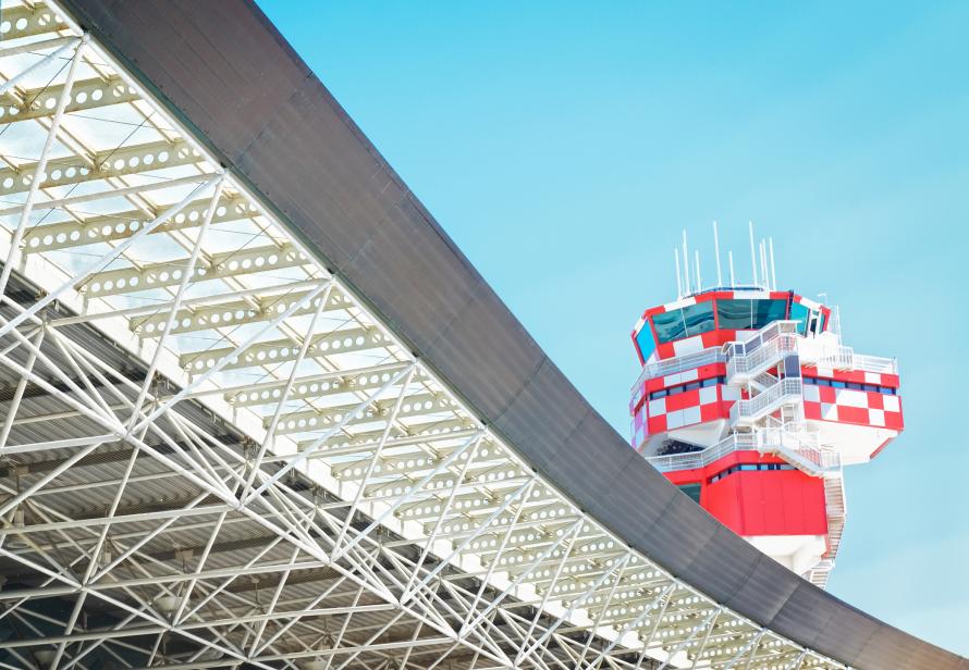 A section of the terminal at Rome’s Fiumicino Airport with control tower.